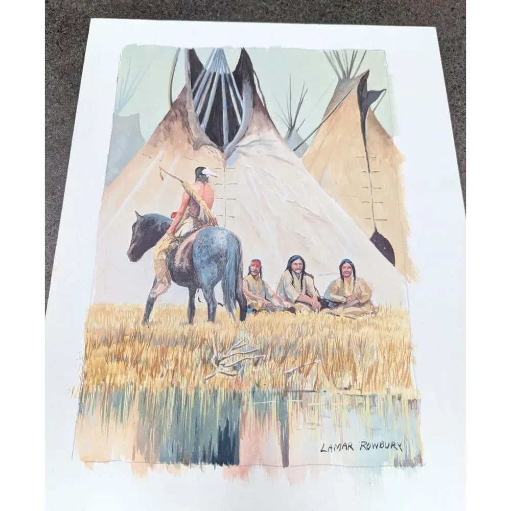 Original Watercolor Painting Lamar Rowbury Native American Horse Teepee Framed
